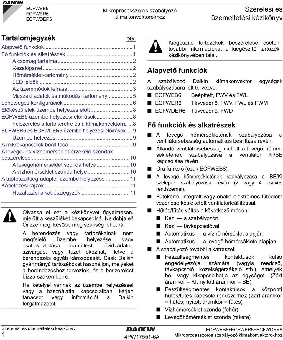 ..8 ECWEB üzembe helyezési előírások...8 elszerelés a tartókeretre és a klímakonvektorra...8 ECWER és ECWDER üzembe helyezési előírások... 9 Üzembe helyezés...9 A mikrokapcsolók beállítása.