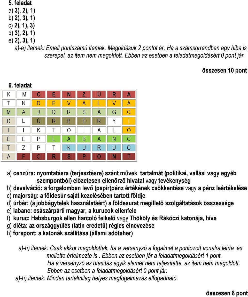 feladat K M C E N Z Ú R A T N D E V A L V Á M A J O R S Á G C D L Ú R B É R Y I I I K T O I A L Ó É L P L A B A N C T Z P T K U R U C A F O R S P O N T összesen 10 pont a) cenzúra: nyomtatásra