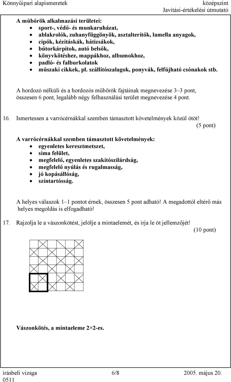 A hordozó nélküli és a hordozós műbőrök fajtáinak megnevezése 3 3 pont, összesen 6 pont, legalább négy felhasználási terület megnevezése 4 pont. 16.