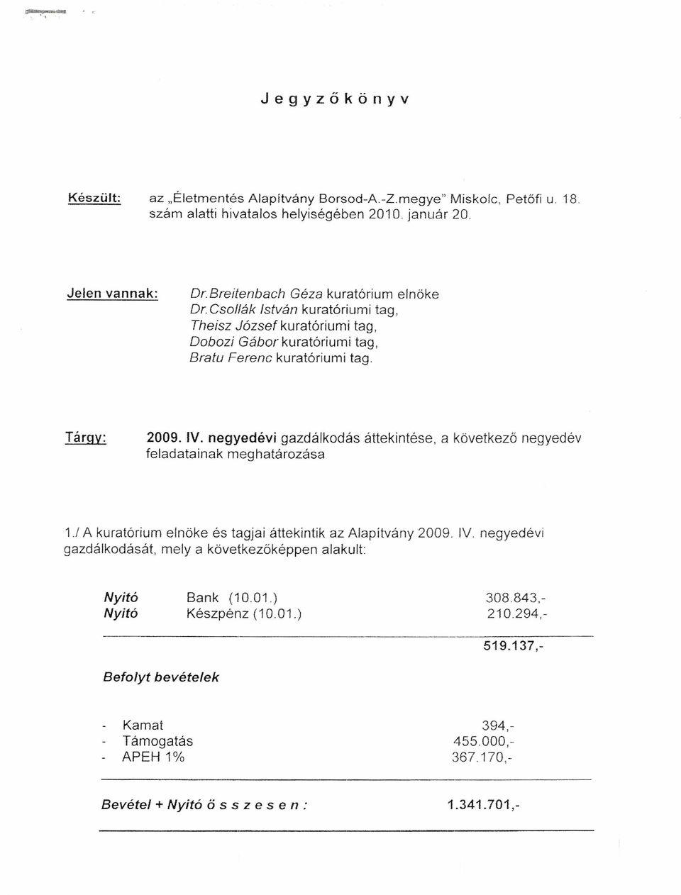 negyedévi gazdálkodás áttekintése, a következő negyedév feladatainak meghatározása 1./ A kuratórium elnöke és tagjai áttekintik az Alapitvány 2009. IV.