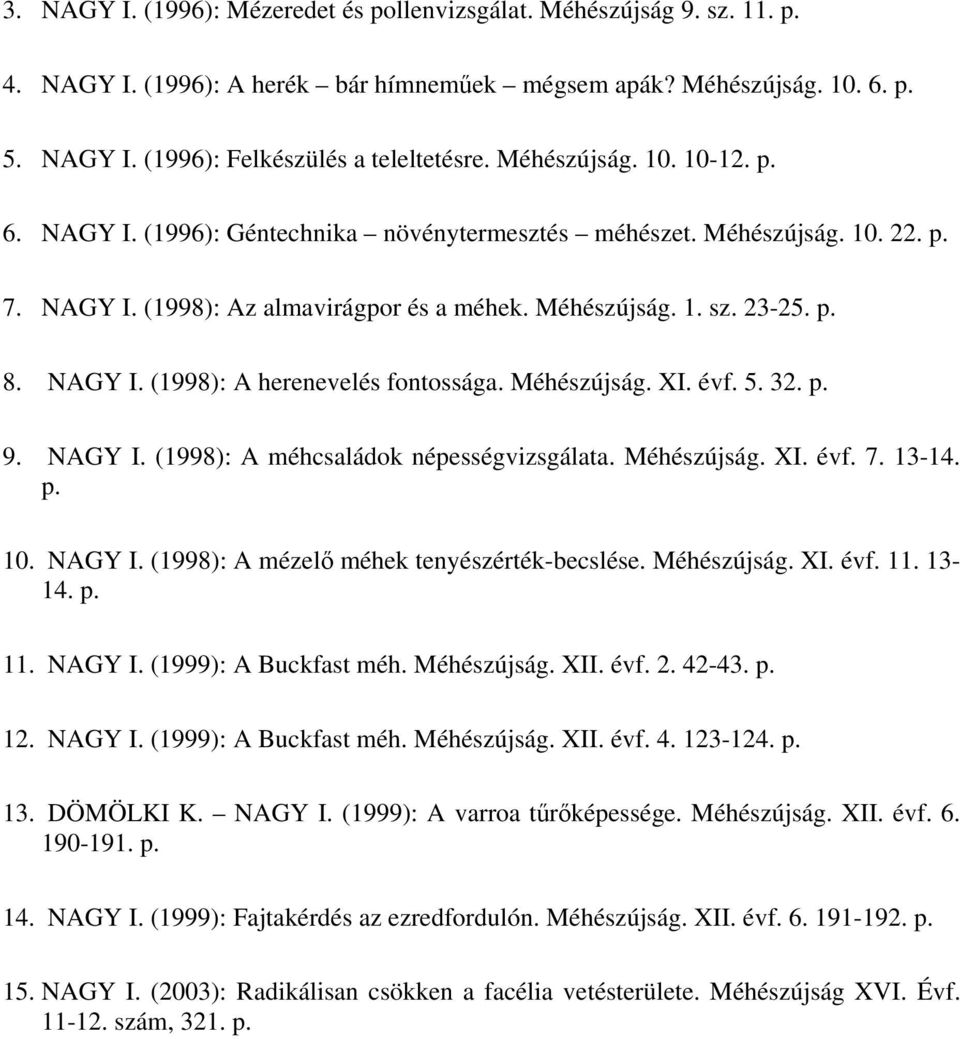 Méhészújság. XI. évf. 5. 32. p. 9. NAGY I. (1998): A méhcsaládok népességvizsgálata. Méhészújság. XI. évf. 7. 13-14. p. 10. NAGY I. (1998): A mézelı méhek tenyészérték-becslése. Méhészújság. XI. évf. 11.
