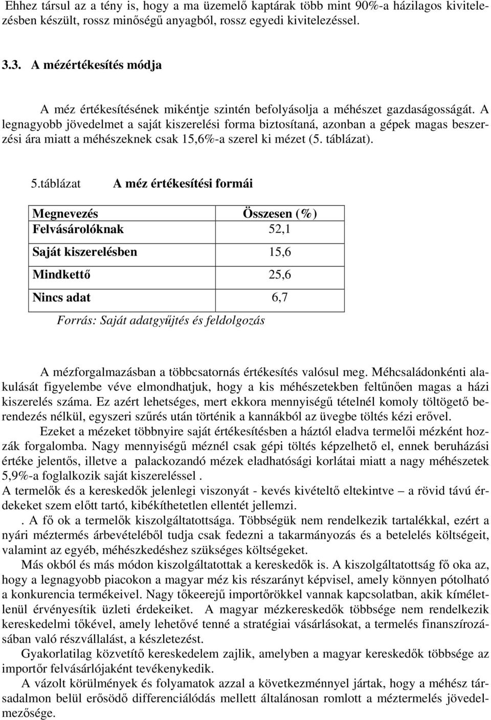A legnagyobb jövedelmet a saját kiszerelési forma biztosítaná, azonban a gépek magas beszerzési ára miatt a méhészeknek csak 15,6%-a szerel ki mézet (5. táblázat). 5.