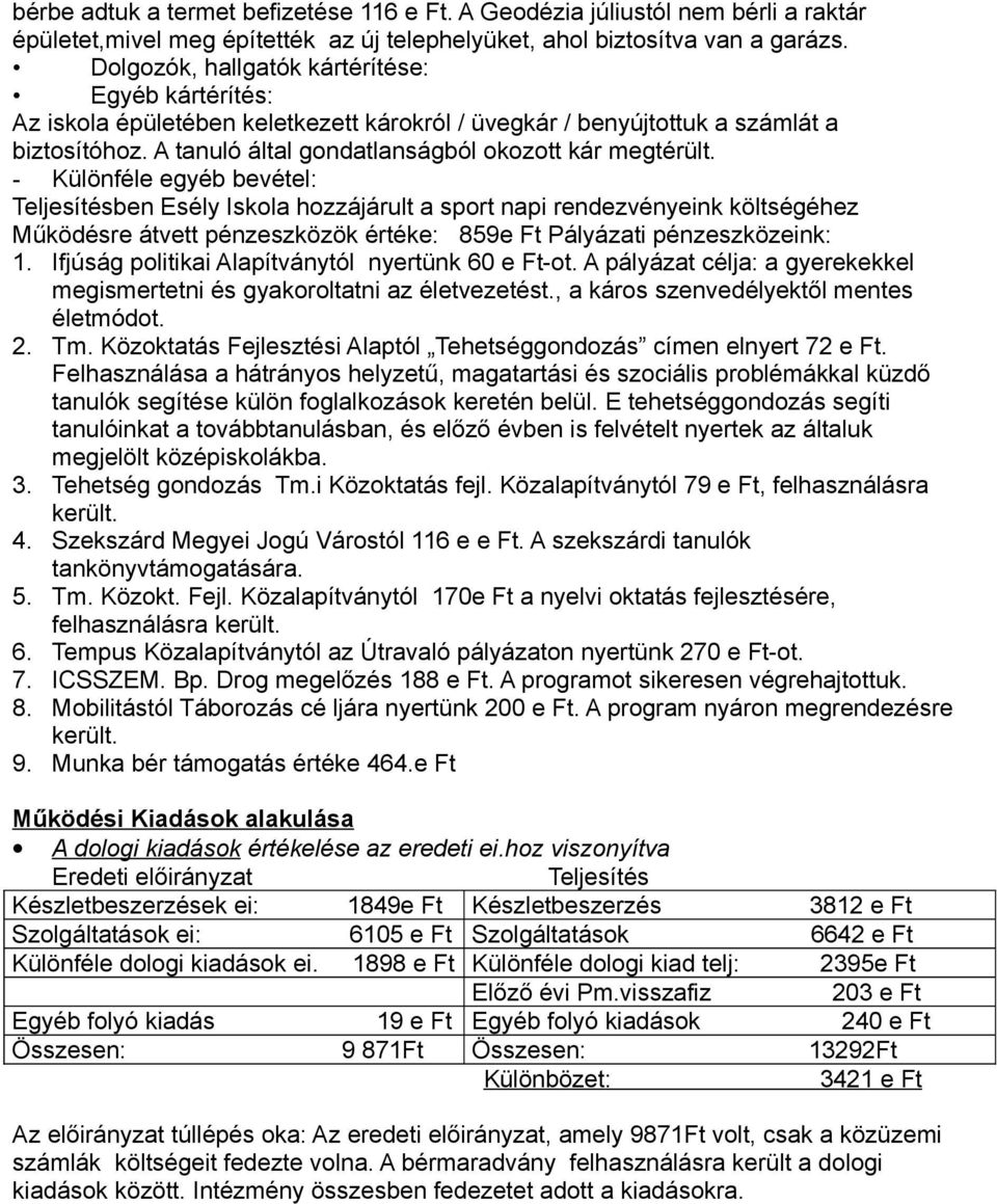- Különféle egyéb bevétel: Teljesítésben Esély Iskola hozzájárult a sport napi rendezvényeink költségéhez Működésre átvett pénzeszközök értéke: 859e Ft Pályázati pénzeszközeink: 1.