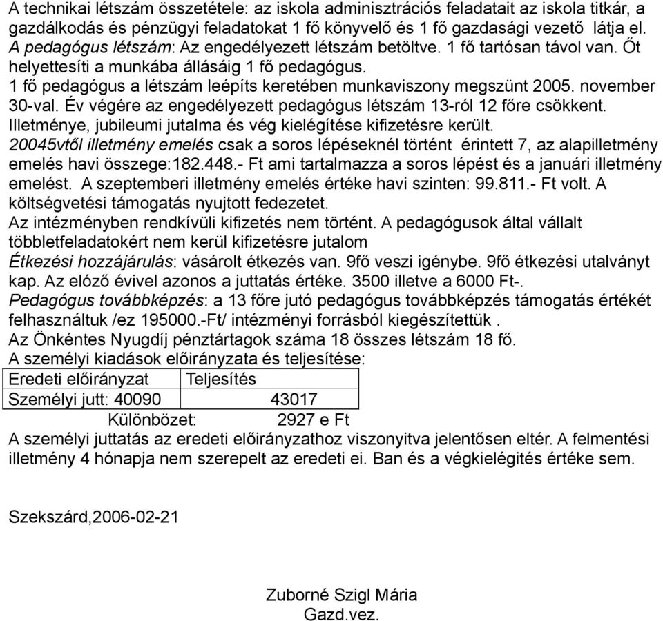 1 fő pedagógus a létszám leépíts keretében munkaviszony megszünt 2005. november 30-val. Év végére az engedélyezett pedagógus létszám 13-ról 12 főre csökkent.