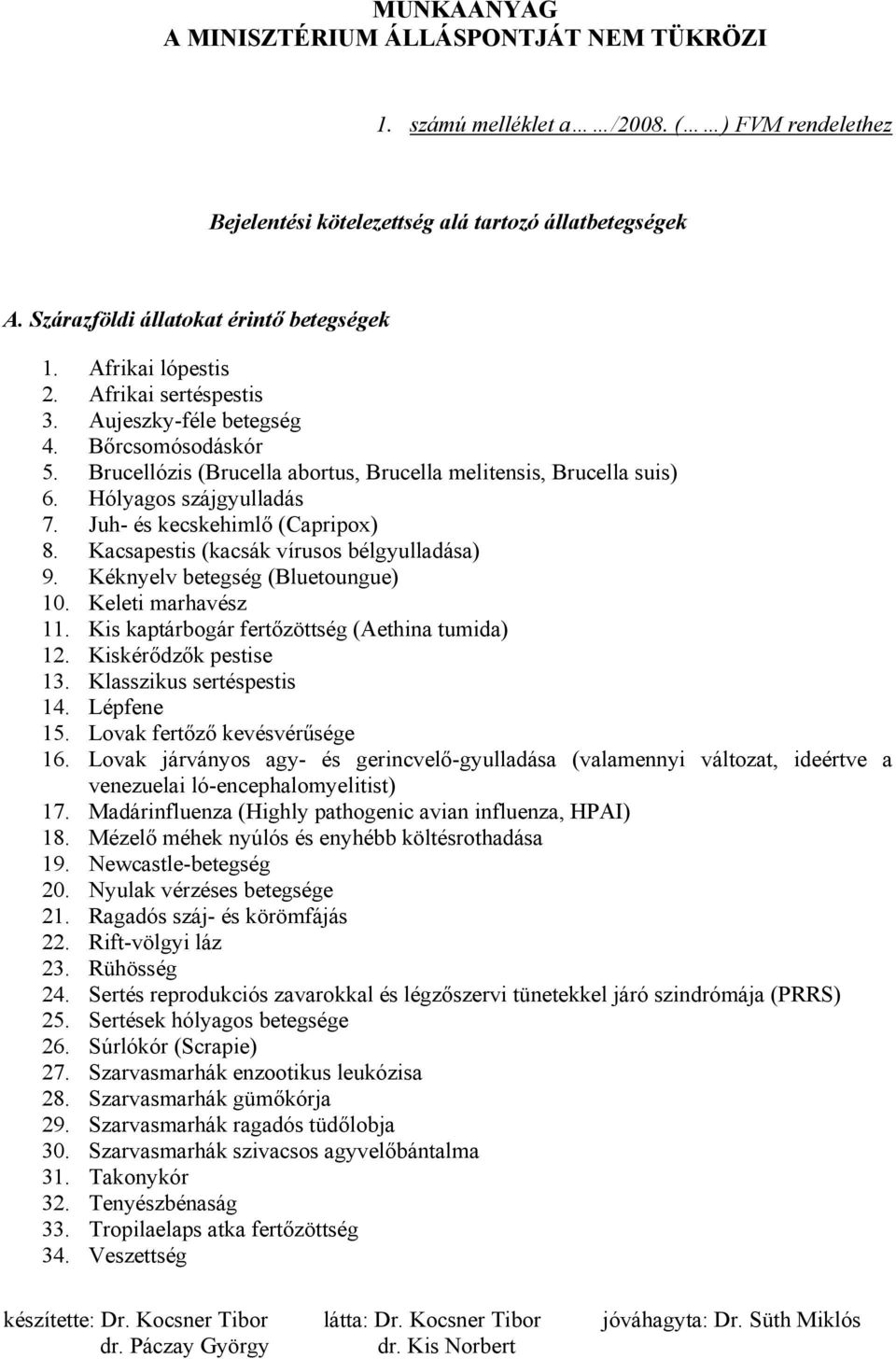 Kacsapestis (kacsák vírusos bélgyulladása) 9. Kéknyelv betegség (Bluetoungue) 10. Keleti marhavész 11. Kis kaptárbogár fertőzöttség (Aethina tumida) 12. Kiskérődzők pestise 13.