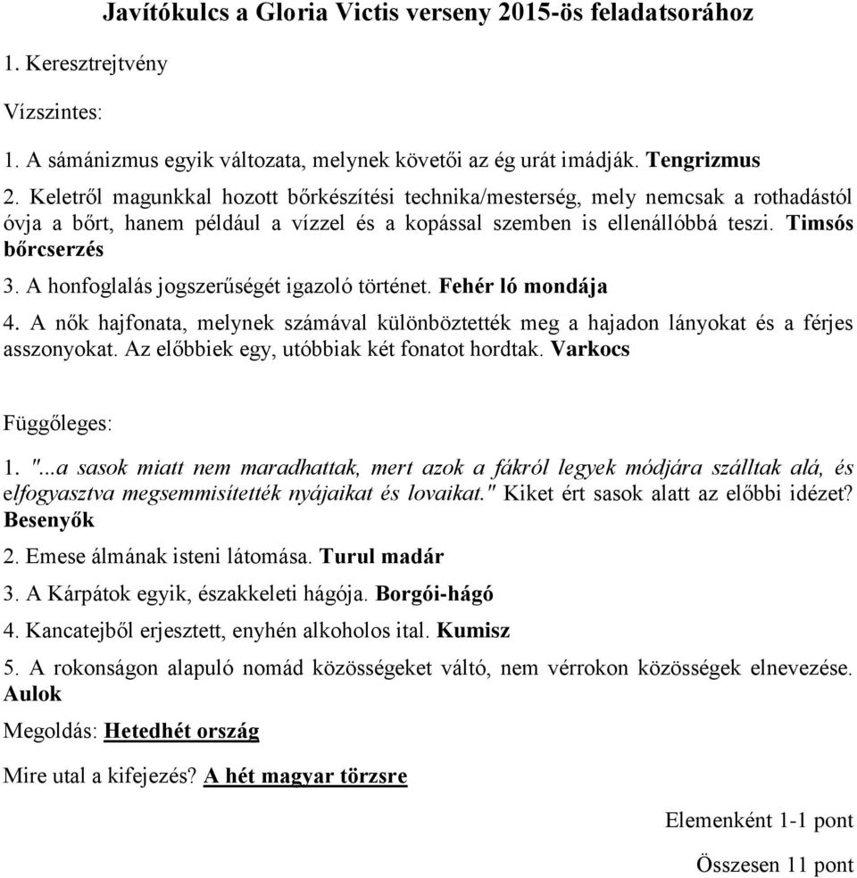 A honfoglalás jogszerűségét igazoló történet. Fehér ló mondája 4. A nők hajfonata, melynek számával különböztették meg a hajadon lányokat és a férjes asszonyokat.