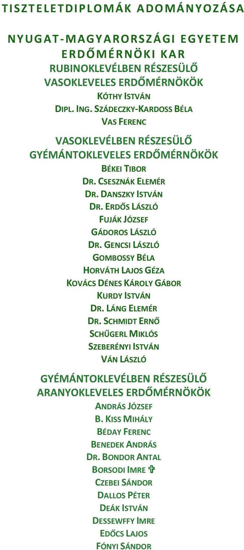 ERDŐS LÁSZLÓ FUJÁK JÓZSEF GÁDOROS LÁSZLÓ DR. GENCSI LÁSZLÓ GOMBOSSY BÉLA HORVÁTH LAJOS GÉZA KOVÁCS DÉNES KÁROLY GÁBOR KURDY ISTVÁN DR. LÁNG ELEMÉR DR.