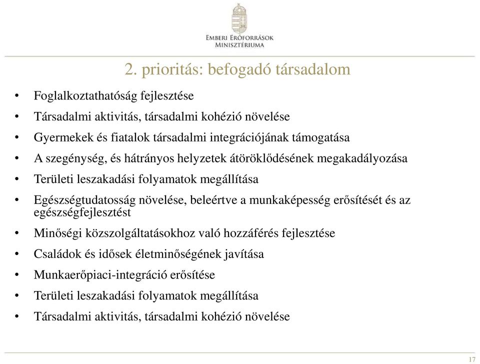 szegénység, és hátrányos helyzetek átöröklődésének megakadályozása Területi leszakadási folyamatok megállítása Egészségtudatosság növelése, beleértve a