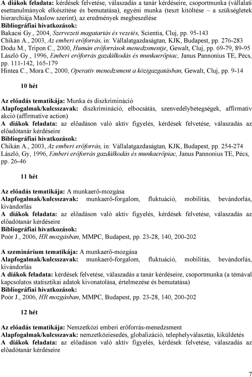 , 2003, Az emberi erőforrás, in: Vállalatgazdaságtan, KJK, Budapest, pp. 276-283 Dodu M., Tripon C., 2000, Humán erőforrások menedzsmentje, Gewalt, Cluj, pp. 69-79, 89-95 pp.