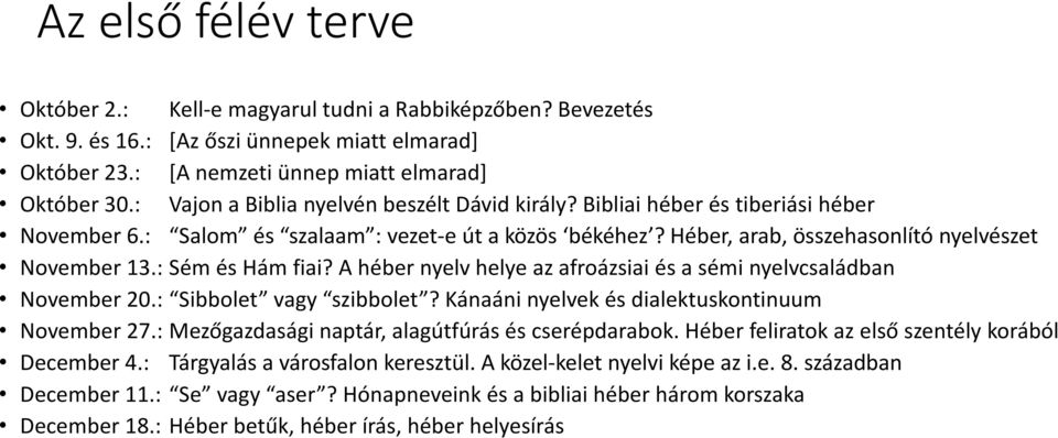 : Sém és Hám fiai? A héber nyelv helye az afroázsiai és a sémi nyelvcsaládban November 20.: Sibbolet vagy szibbolet? Kánaáni nyelvek és dialektuskontinuum November 27.