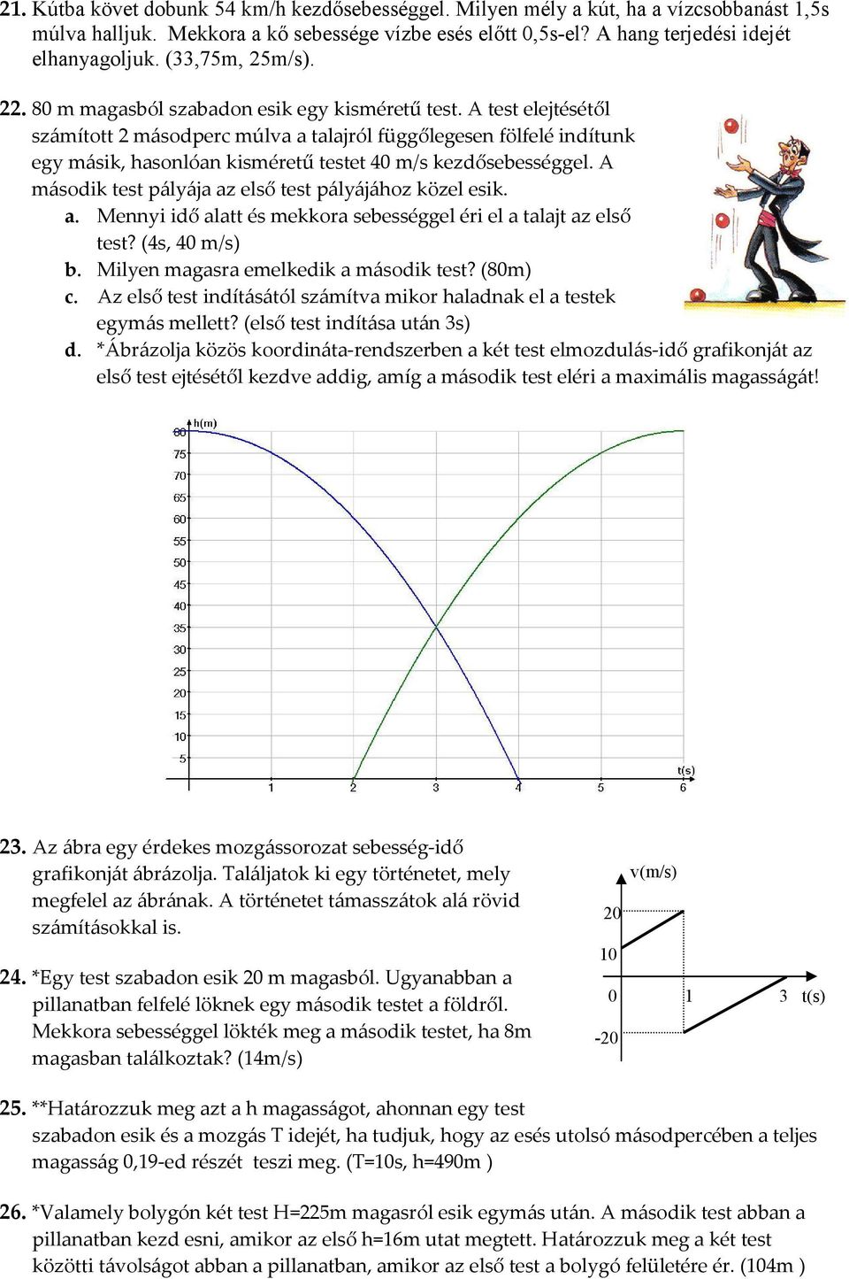 A test elejtésétől számított 2 másodperc múlva a talajról függőlegesen fölfelé indítunk egy másik, hasonlóan kisméretű testet 40 m/s kezdősebességgel.