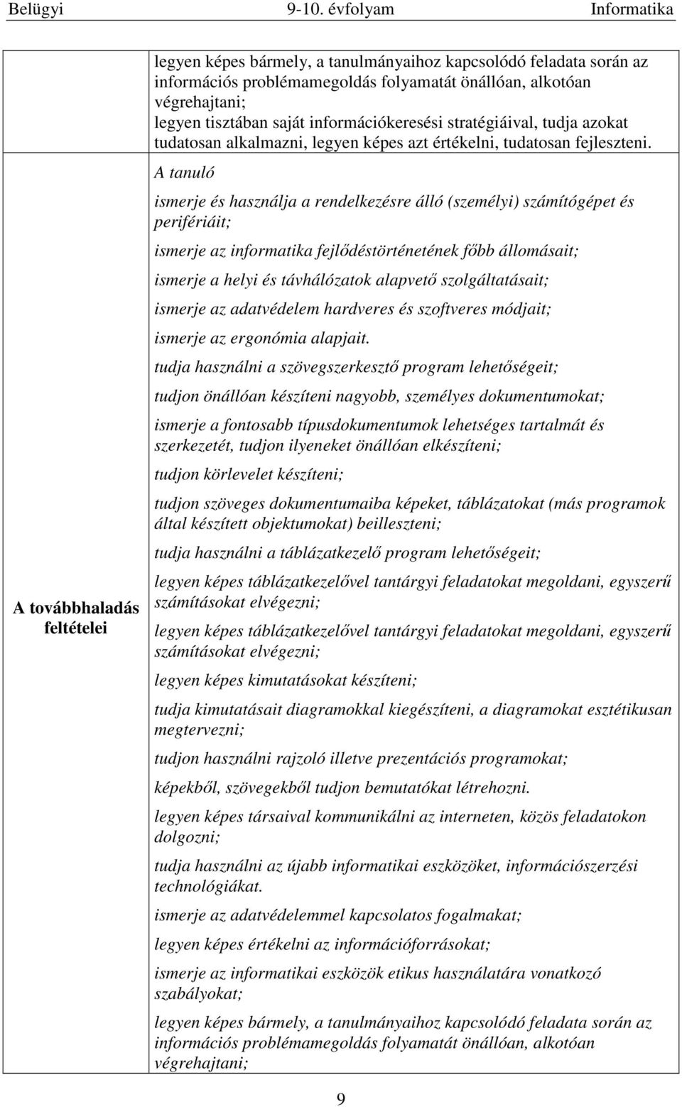 A tanuló ismerje és használja a rendelkezésre álló (személyi) számítógépet és perifériáit; ismerje az informatika fejlődéstörténetének főbb állomásait; ismerje a helyi és távhálózatok alapvető