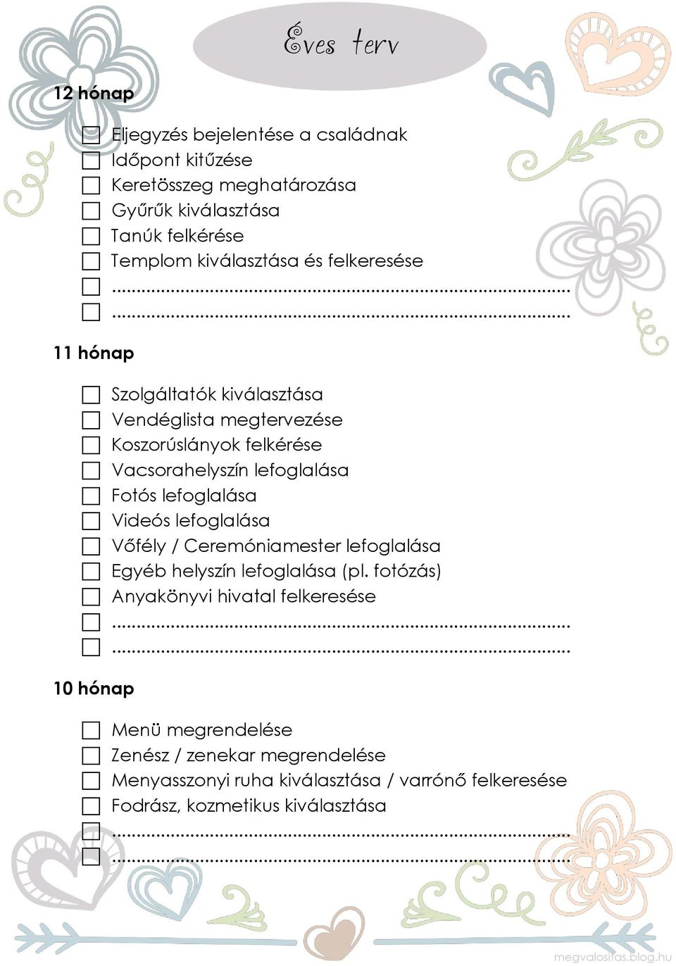 ..... 11 hónap Szolgáltatók kiválasztása Vendéglista megtervezése Koszorúslányok felkérése Vacsorahelyszín lefoglalása Fotós lefoglalása Videós