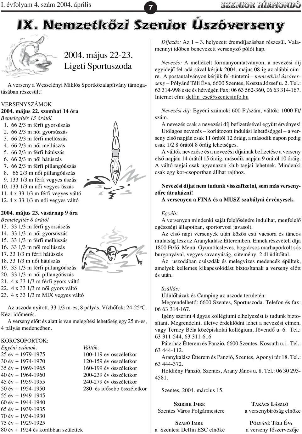 66 2/3 m nõi pillangóúszás 9. 133 1/3 m férfi vegyes úszás 10. 133 1/3 m nõi vegyes úszás 11. 4 x 33 1/3 m férfi vegyes váltó 12. 4 x 33 1/3 m nõi vegyes váltó 7 IX.