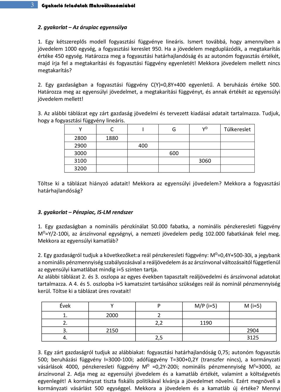 Határozza meg a fogyasztási határhajlandóság és az autonóm fogyasztás értékét, majd írja fel a megtakarítási és fogyasztási függvény egyenletét! Mekkora jövedelem mellett nincs megtakarítás? 2.