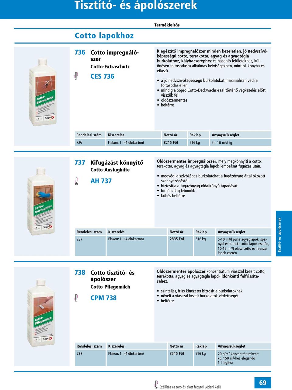 a jó nedvszívóképességű burkolatokat maximálisan védi a foltosodás ellen mindig a Sopro Cotto-Deckwachs-szal történő végkezelés előtt visszük fel oldószermentes beltérre 736 Flakon: 1 l (4 db/karton)
