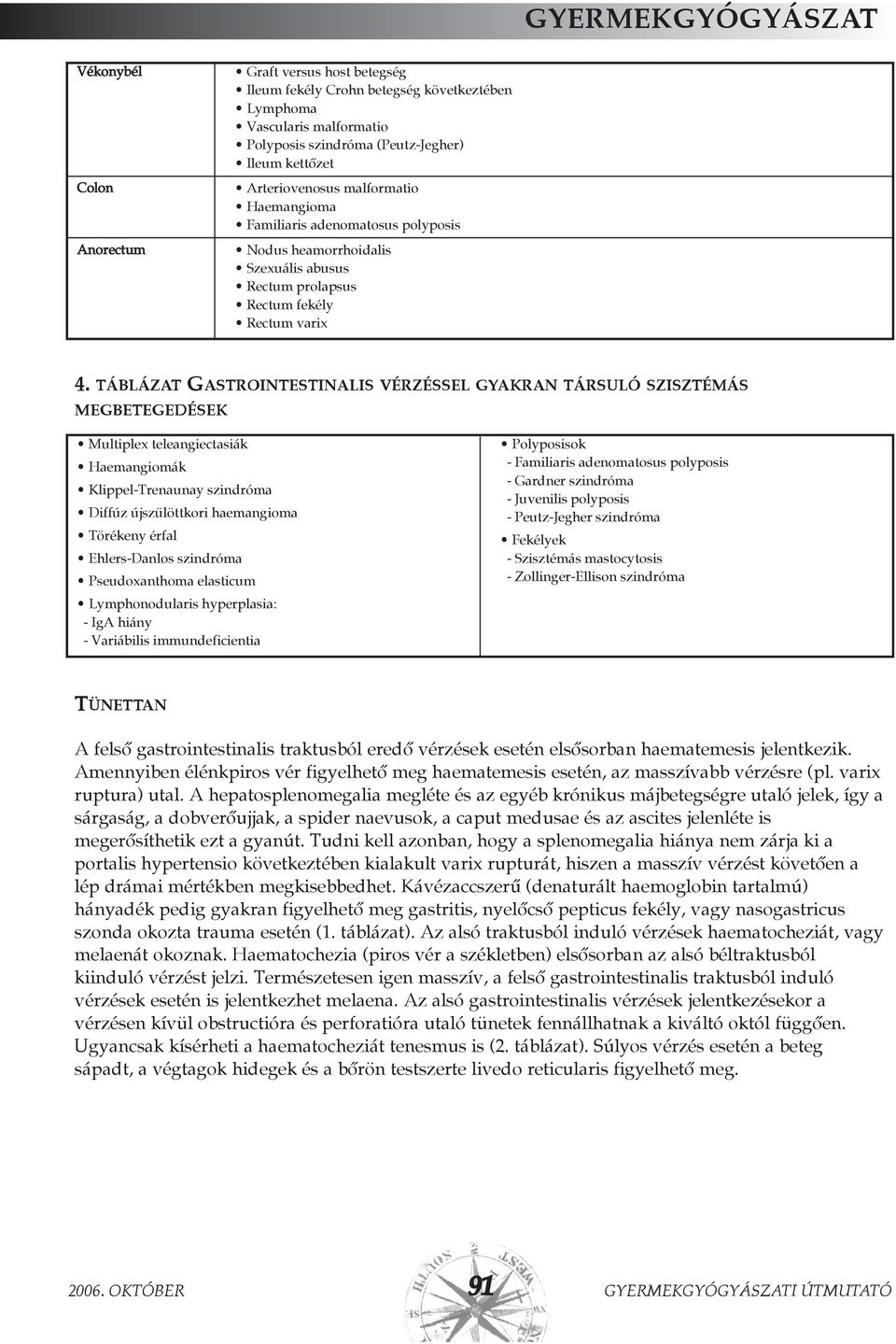 TÁBLÁZAT GASTROINTESTINALIS VÉRZÉSSEL GYAKRAN TÁRSULÓ SZISZTÉMÁS MEGBETEGEDÉSEK Multiplex teleangiectasiák Haemangiomák Klippel-Trenaunay szindróma Diffúz újszülöttkori haemangioma Törékeny érfal