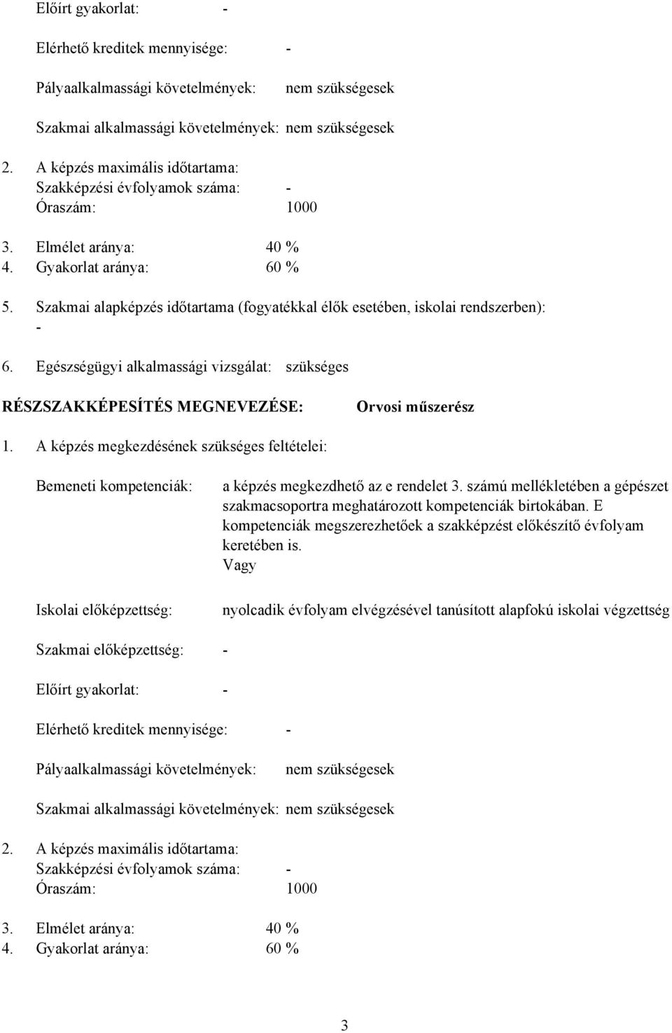 Szakmai alapképzés időtartama (fogyatékkal élők esetében, iskolai rendszerben): - 6. Egészségügyi alkalmassági vizsgálat: szükséges RÉSZSZKKÉPESÍTÉS MEGNEVEZÉSE: Orvosi műszerész 1.