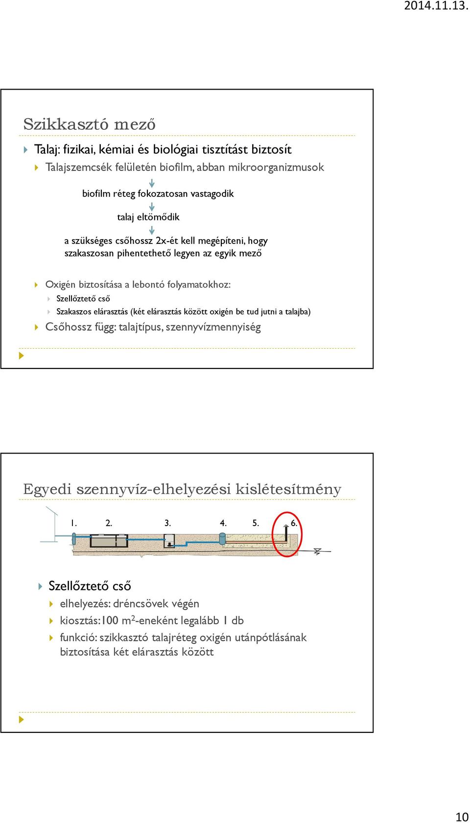 cső Szakaszos elárasztás (két elárasztás között oxigén be tud jutni a talajba) Csőhossz függ: talajtípus, szennyvízmennyiség Egyedi szennyvízelhelyezési kislétesítmény