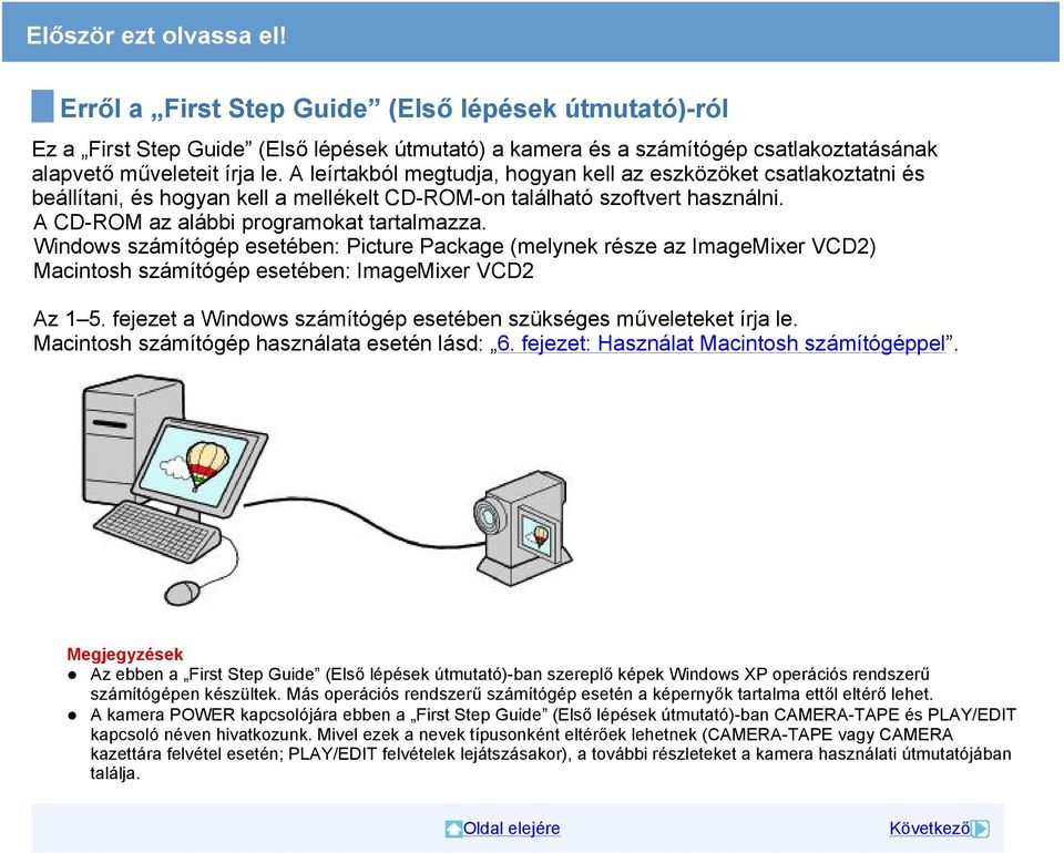 Windows számítógép esetében: Picture Package (melynek része az ImageMixer VCD2) Macintosh számítógép esetében: ImageMixer VCD2 Az 1 5.