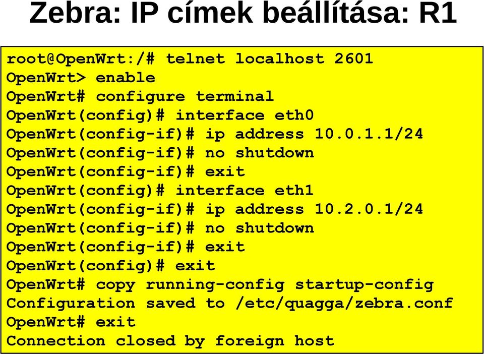 .0.1.1/24 OpenWrt(config-if)# no shutdown OpenWrt(config-if)# exit OpenWrt(config)# interface eth1 OpenWrt(config-if)# ip address 10.