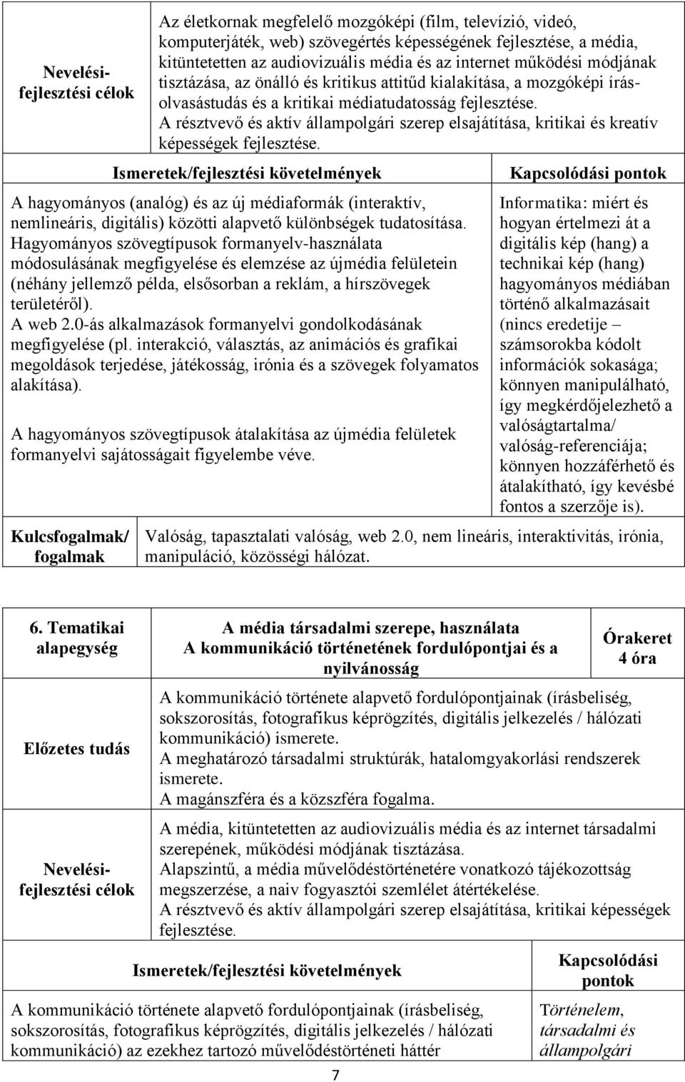 A résztvevő és aktív állampolgári szerep elsajátítása, kritikai és kreatív képességek fejlesztése.