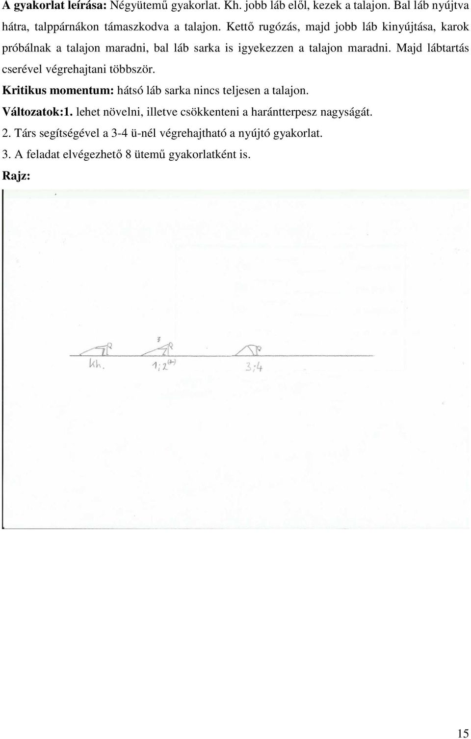 Majd lábtartás cserével végrehajtani többször. Kritikus momentum: hátsó láb sarka nincs teljesen a talajon. Változatok:1.