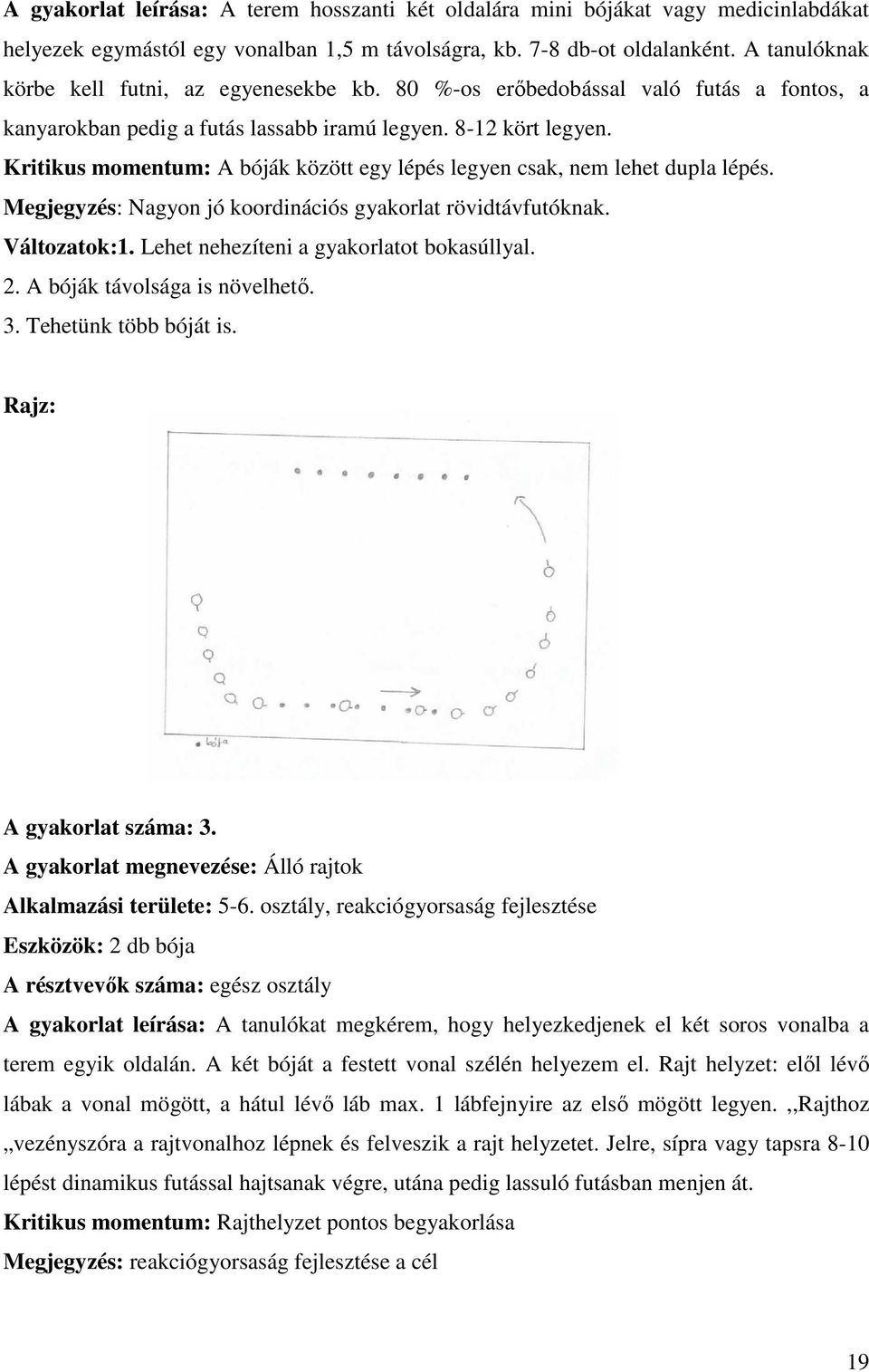 Kritikus momentum: A bóják között egy lépés legyen csak, nem lehet dupla lépés. Megjegyzés: Nagyon jó koordinációs gyakorlat rövidtávfutóknak. Változatok:1. Lehet nehezíteni a gyakorlatot bokasúllyal.