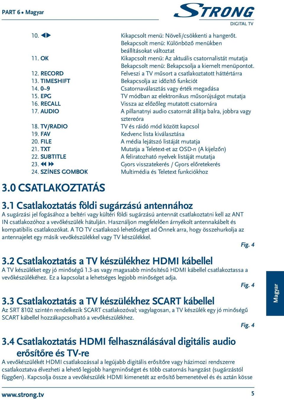 TIMESHIFT Bekapcsolja az időzítő funkciót 14. 0~9 Csatornaválasztás vagy érték megadása 15. EPG TV módban az elektronikus műsorújságot mutatja 16. RECALL Vissza az előzőleg mutatott csatornára 17.