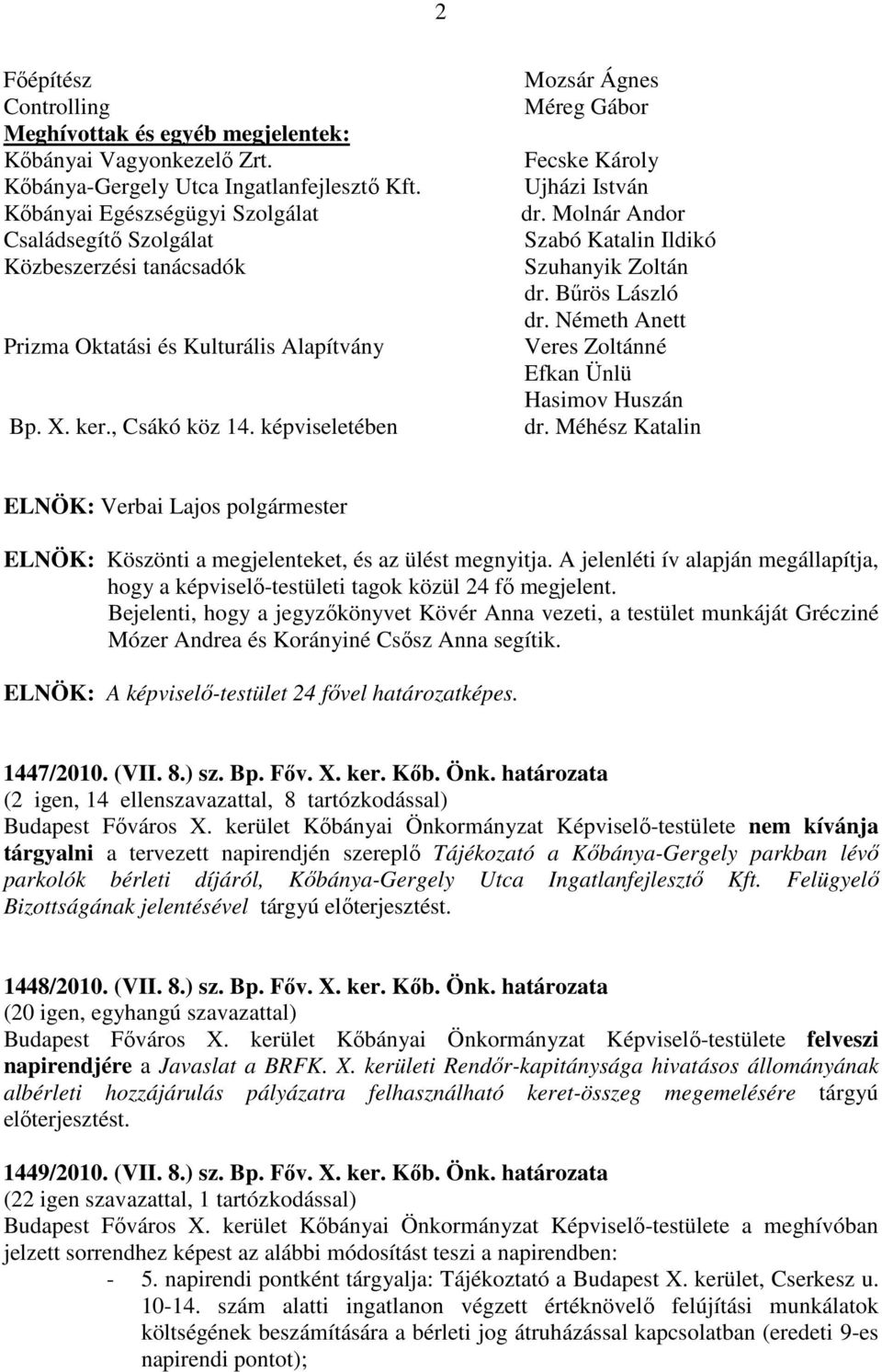 képviseletében Mozsár Ágnes Méreg Gábor Fecske Károly Ujházi István dr. Molnár Andor Szabó Katalin Ildikó Szuhanyik Zoltán dr. Bűrös László dr.