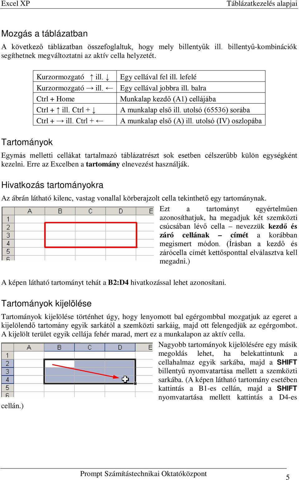 Ctrl + A munkalap első (A) ill. utolsó (IV) oszlopába Tartományok Egymás melletti cellákat tartalmazó táblázatrészt sok esetben célszerűbb külön egységként kezelni.