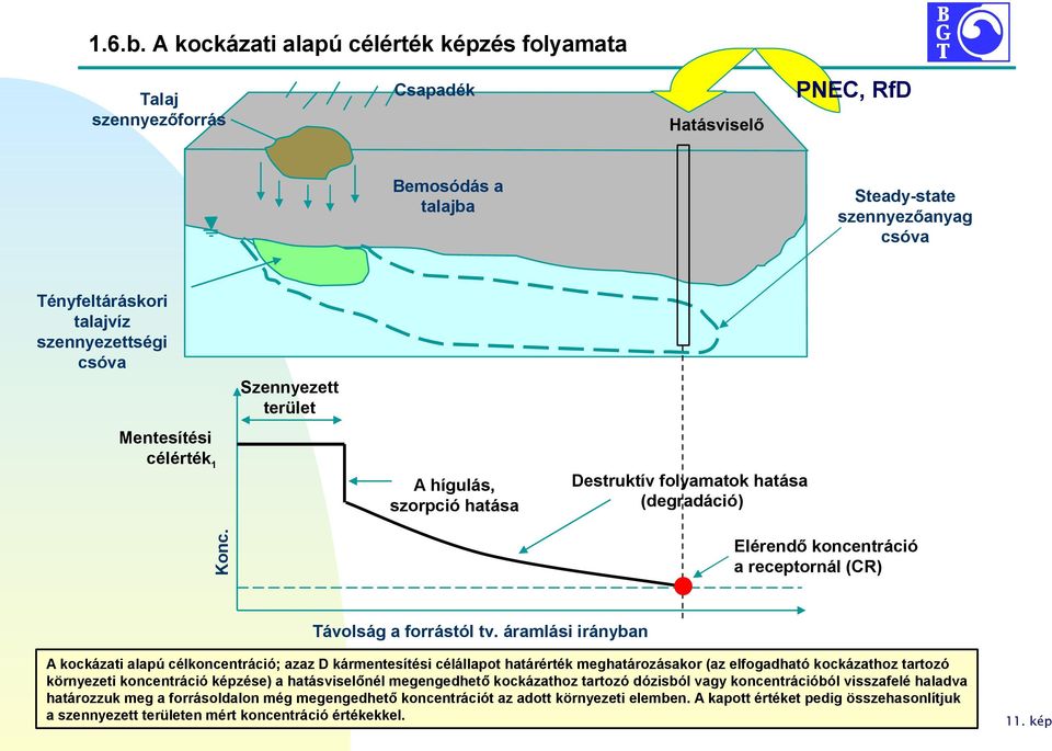 Szennyezett terület Mentesítési célérték 1 A hígulás, szorpció hatása Destruktív folyamatok hatása (degradáció) Konc. Elérendő koncentráció a receptornál (CR) Távolság a forrástól tv.