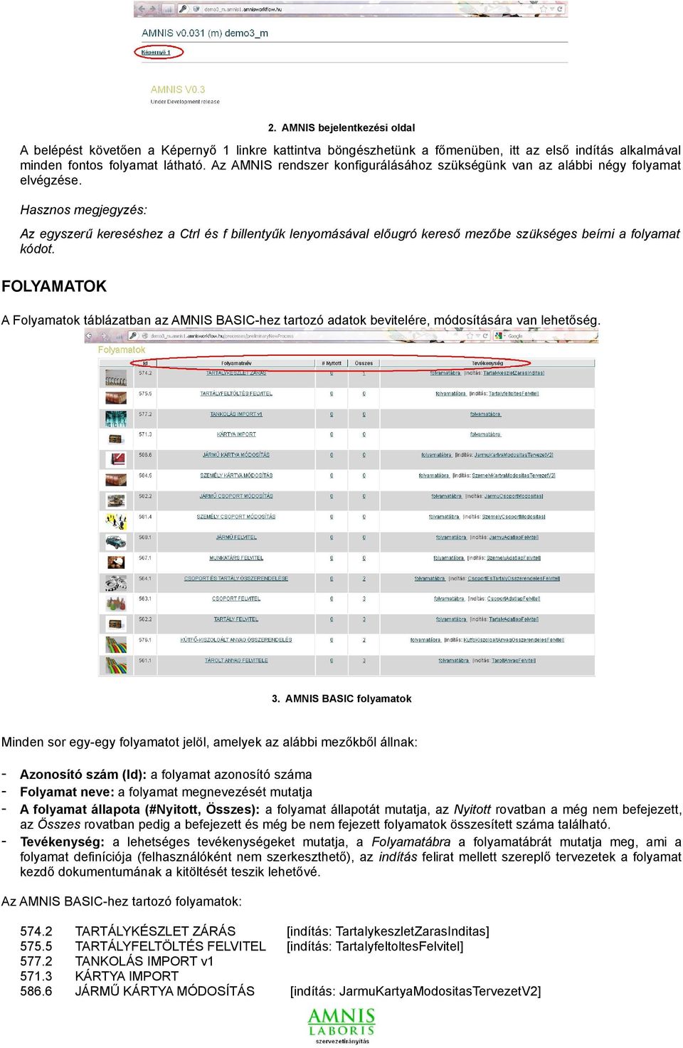 FOLYAMATOK A Folyamatok táblázatban az AMNIS BASIC-hez tartozó adatok bevitelére, módosítására van lehetőség. 3.