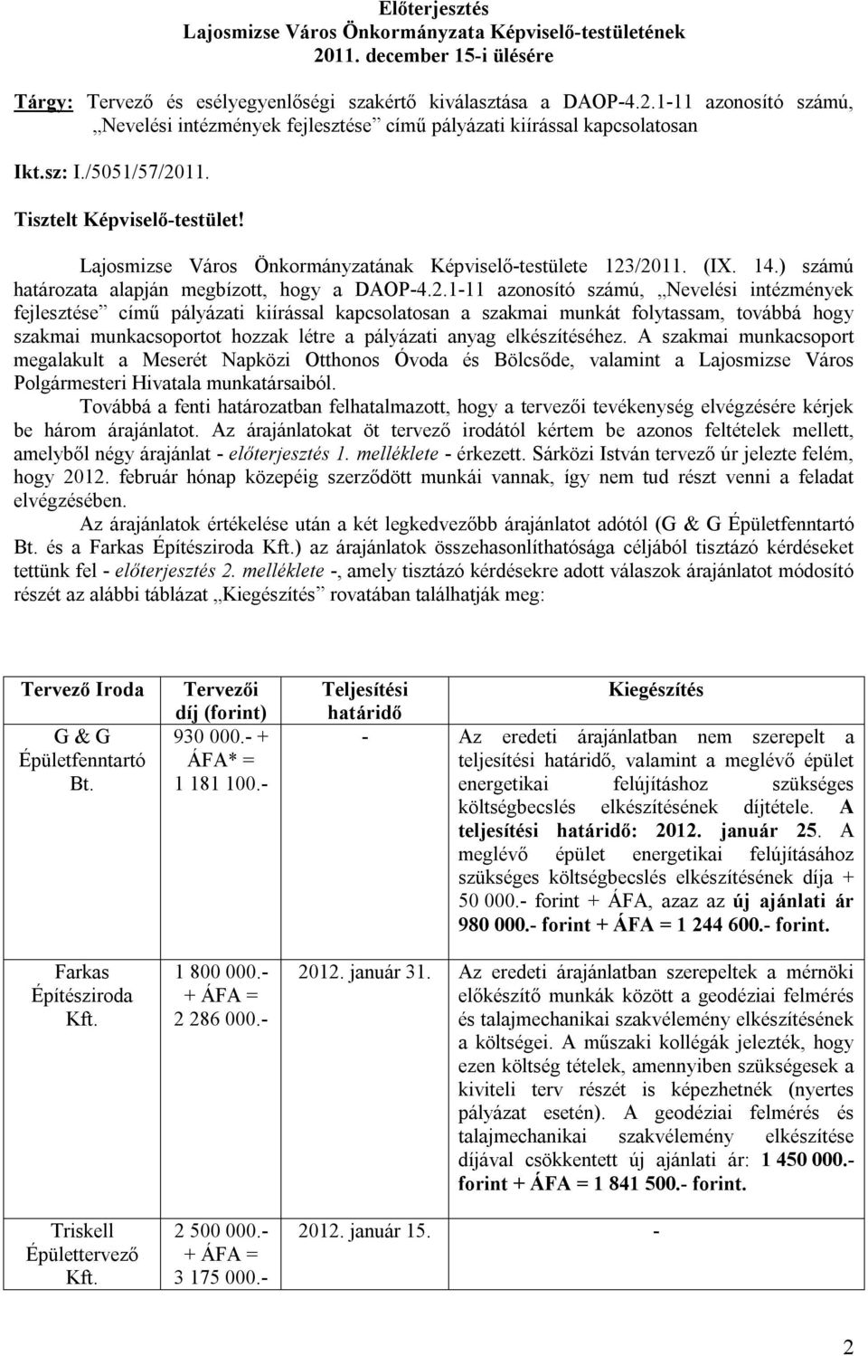 11. Tisztelt Képviselő-testület! Lajosmizse Város Önkormányzatának Képviselő-testülete 123