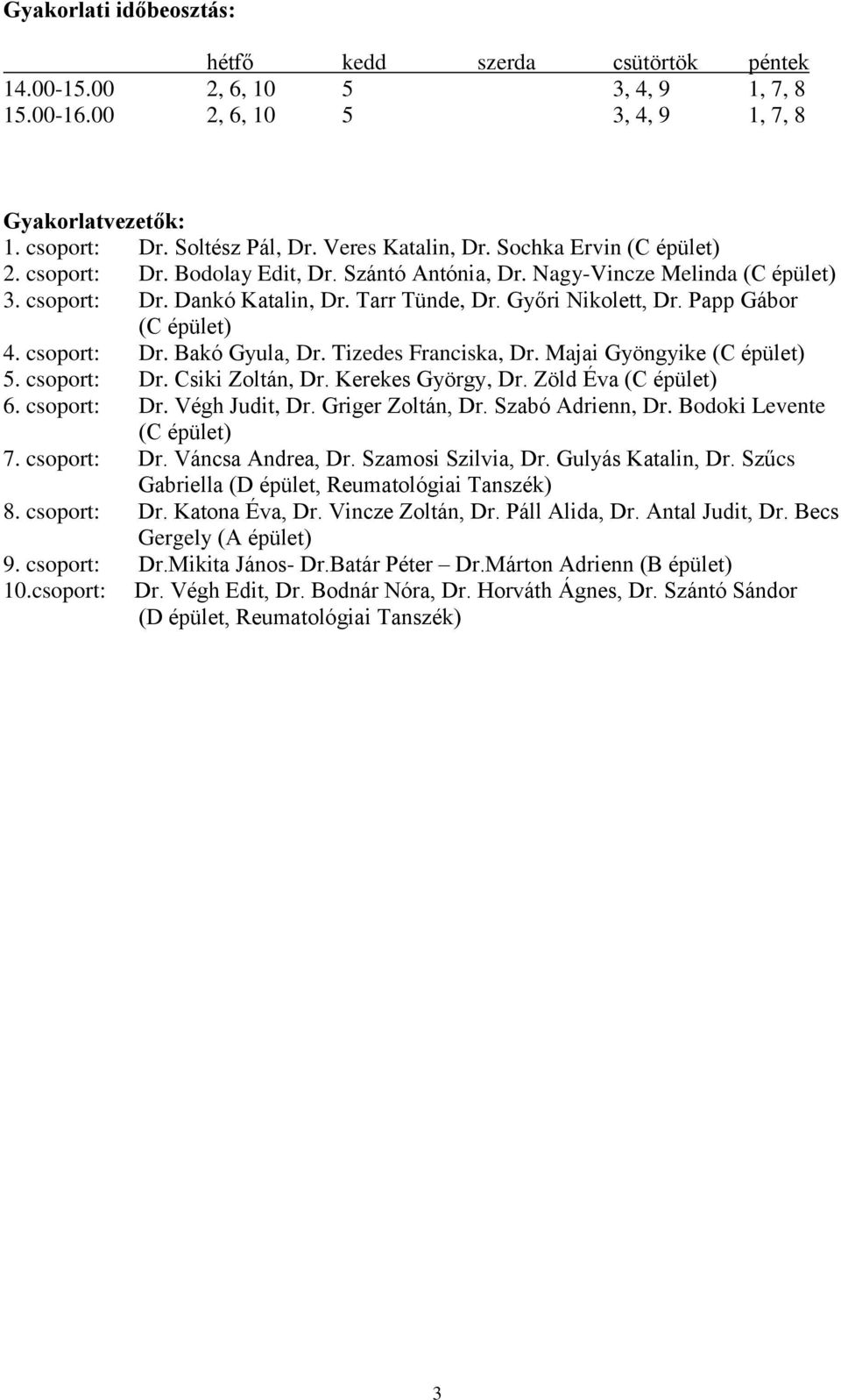 Papp Gábor (C épület) 4. csoport: Dr. Bakó Gyula, Dr. Tizedes Franciska, Dr. Majai Gyöngyike (C épület) 5. csoport: Dr. Csiki Zoltán, Dr. Kerekes György, Dr. Zöld Éva (C épület) 6. csoport: Dr. Végh Judit, Dr.