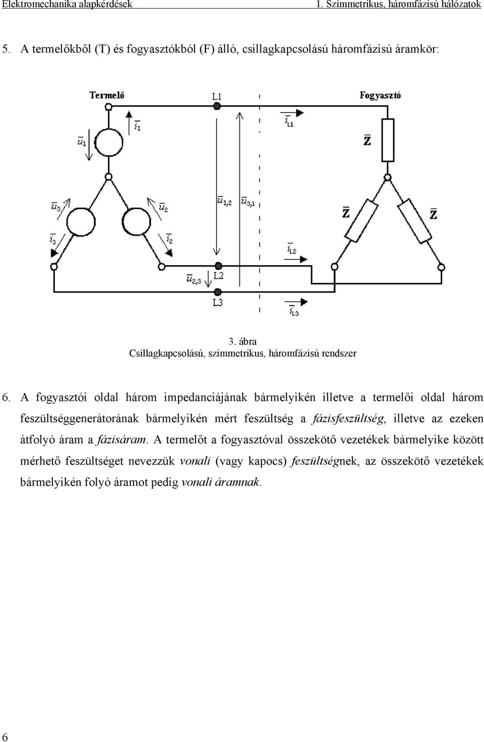 A fogyasztói oldal három impedanciájának bármelyikén illetve a termelői oldal három feszültséggenerátorának bármelyikén mért feszültség a