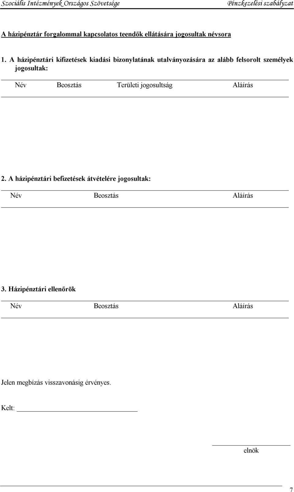 jogosultak: Név Beosztás Területi jogosultság Aláírás 2.