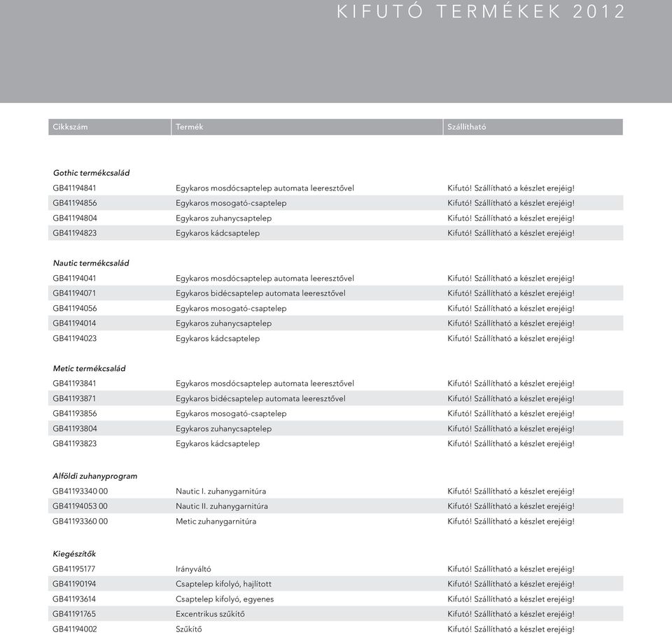 Egykaros mosogató-csaptelep GB41194014 Egykaros zuhanycsaptelep GB41194023 Egykaros kádcsaptelep Metic termékcsalád GB41193841 Egykaros mosdócsaptelep automata leeresztővel GB41193871 Egykaros