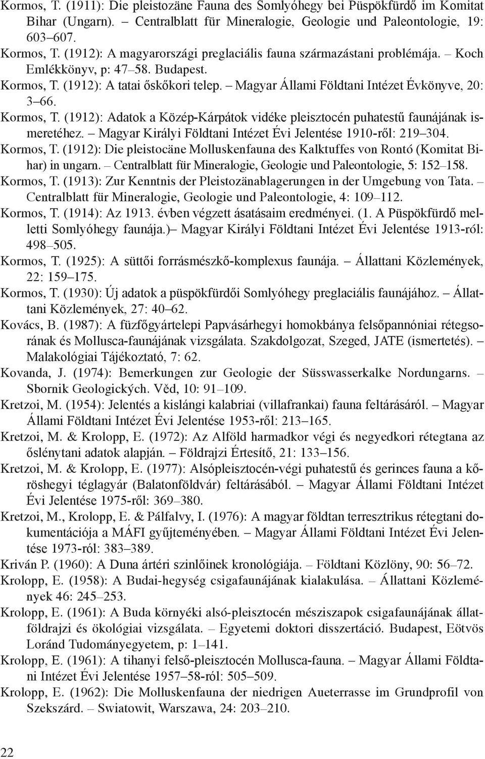 Kormos, T. (1912): Adatok a Közép-Kárpátok vidéke pleisztocén puhatestű faunájának ismeretéhez. Magyar Királyi Földtani Intézet Évi Jelentése 1910-ről: 219 304. Kormos, T.