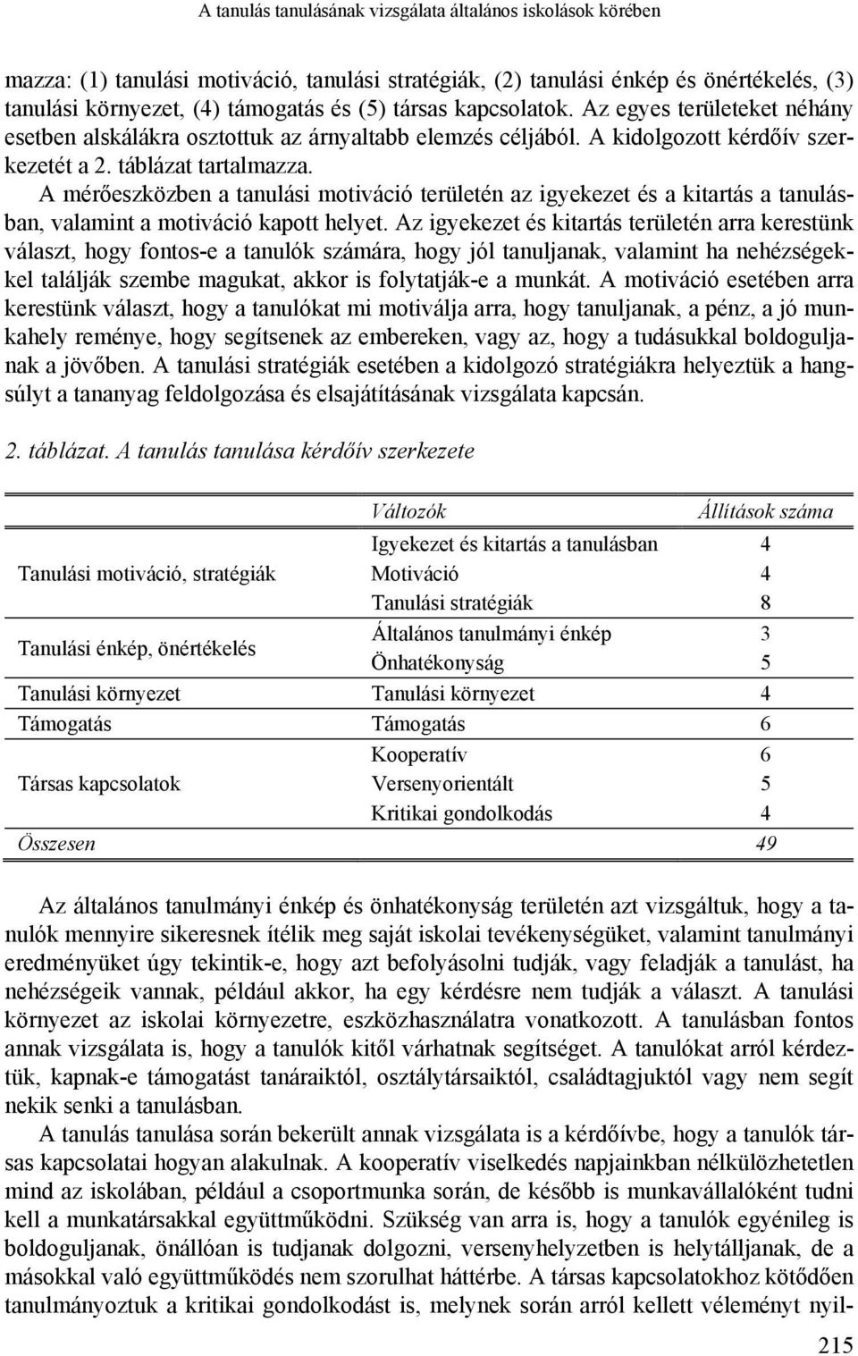 A mérőeszközben a tanulási motiváció területén az igyekezet és a kitartás a tanulásban, valamint a motiváció kapott helyet.