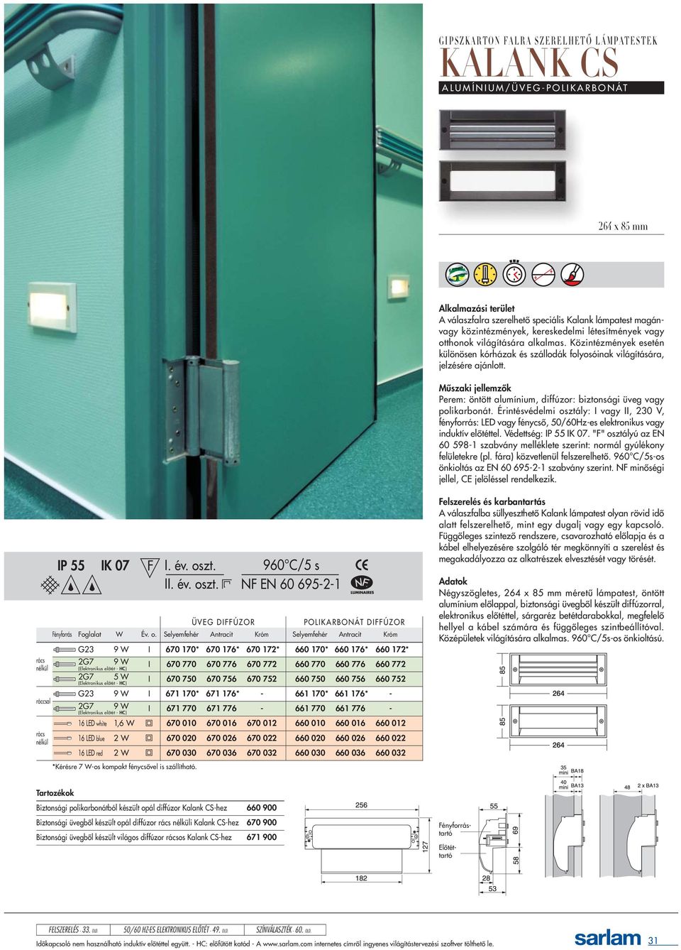 Perem: öntött alumínium, diffúzor: biztonsági üveg vagy polikarbonát. Érintésvédelmi osztály: I vagy II, 230 V, fényforrás: LED vagy fénycsõ, 50/60Hz-es elektronikus vagy induktív elõtéttel.