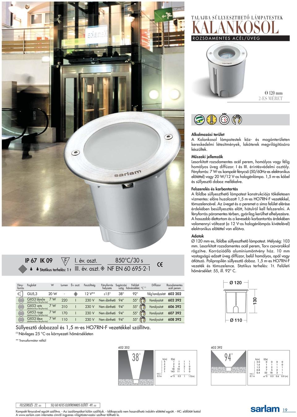 Fényforrás: 7 W-os kompakt fénycsõ (50/60Hz-es elektronikus elõtéttel) vagy 20 W/12 V-os halogénlámpa. 1,5 m-es kábel és süllyesztõ doboz mellékelve.