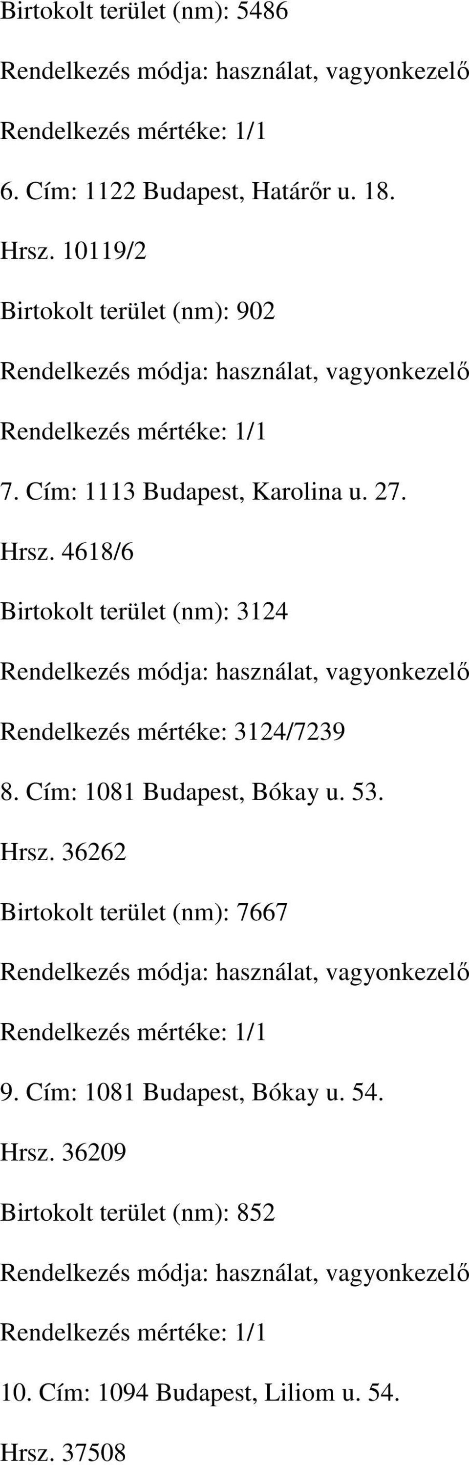 4618/6 Birtokolt terület (nm): 3124 Rendelkezés mértéke: 3124/7239 8. Cím: 1081 Budapest, Bókay u. 53.