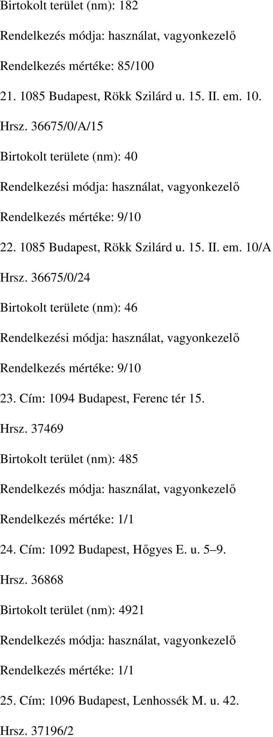 em. 10/A Hrsz. 36675/0/24 Birtokolt területe (nm): 46 Rendelkezési módja: használat, vagyonkezelı Rendelkezés mértéke: 9/10 23.