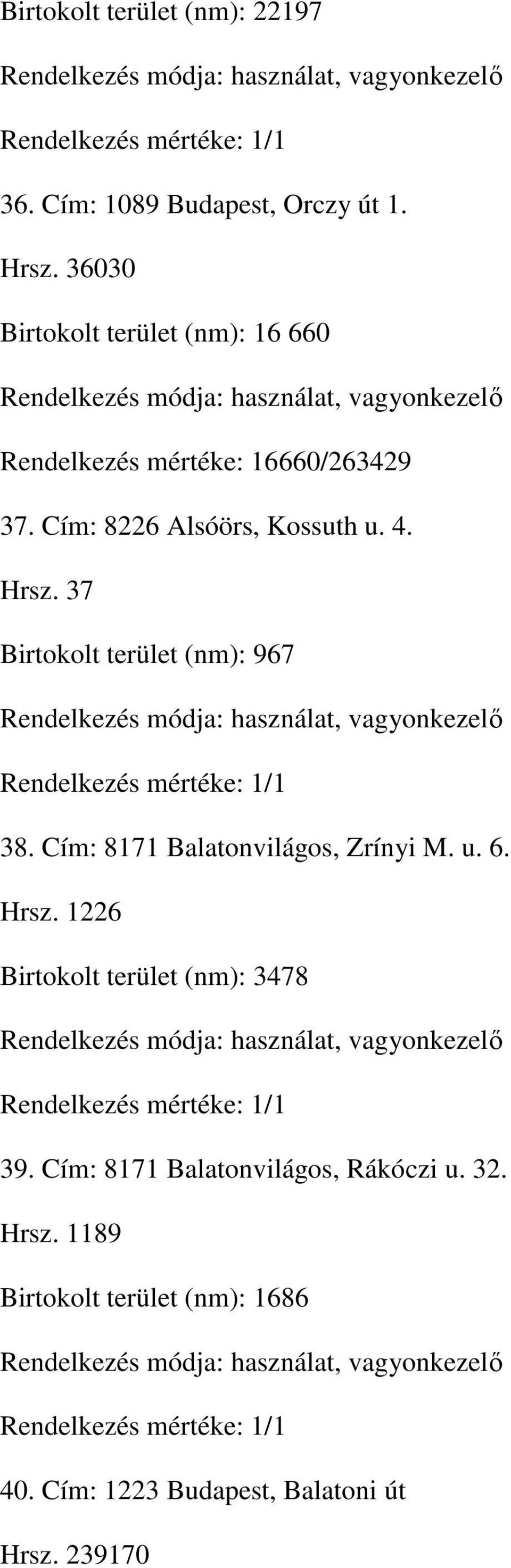 Hrsz. 37 Birtokolt terület (nm): 967 38. Cím: 8171 Balatonvilágos, Zrínyi M. u. 6. Hrsz.