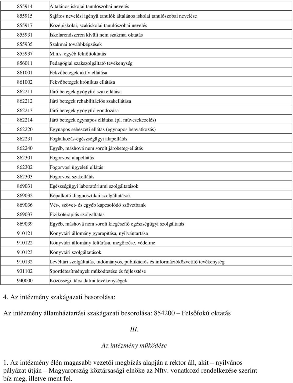 Fekvıbetegek krónikus ellátása 862211 Járó betegek gyógyító szakellátása 862212 Járó betegek rehabilitációs szakellátása 862213 Járó betegek gyógyító gondozása 862214 Járó betegek egynapos ellátása