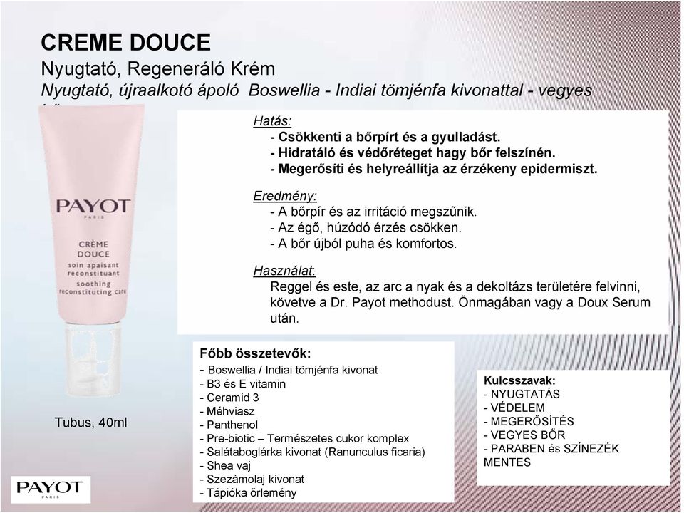 -A bőr újból puha és komfortos. Használat: Reggel és este, az arc a nyak és a dekoltázs területére felvinni, követve a Dr. Payot methodust. Önmagában vagy a Doux Serum után.