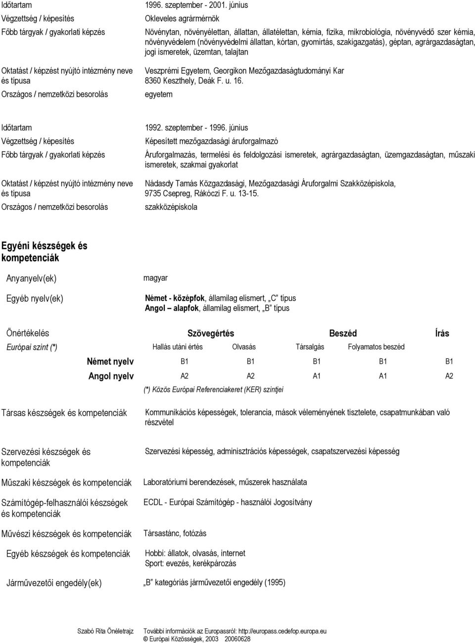 szakigazgatás), géptan, agrárgazdaságtan, jogi ismeretek, üzemtan, talajtan Veszprémi Egyetem, Georgikon Mezőgazdaságtudományi Kar egyetem 1992. szeptember - 1996.