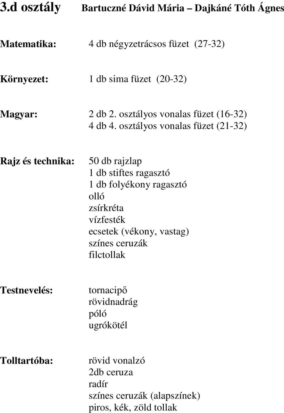 osztályos vonalas füzet (21-32) Rajz és technika: 50 db rajzlap 1 db stiftes ragasztó 1 db folyékony ragasztó olló zsírkréta