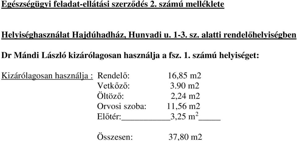 alatti rendelőhelyiségben Dr Mándi László kizárólagosan használja a fsz. 1.